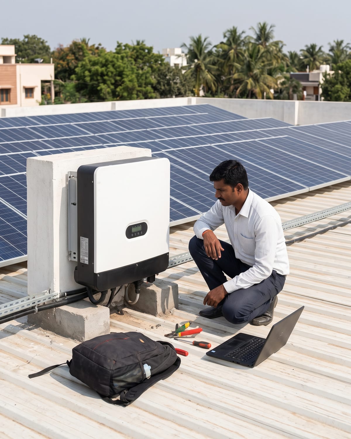 An Aarve Solar engineer commissioning a rooftop inverter