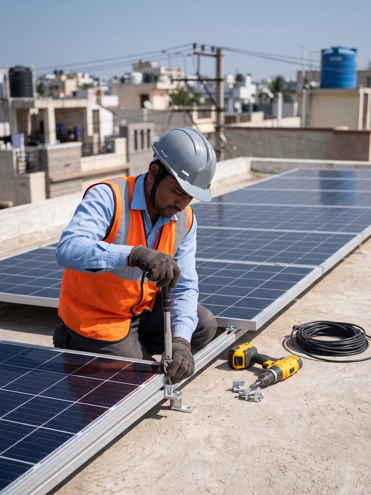 An Aarve Solar technician torqueing a panel clamp during a rooftop installation