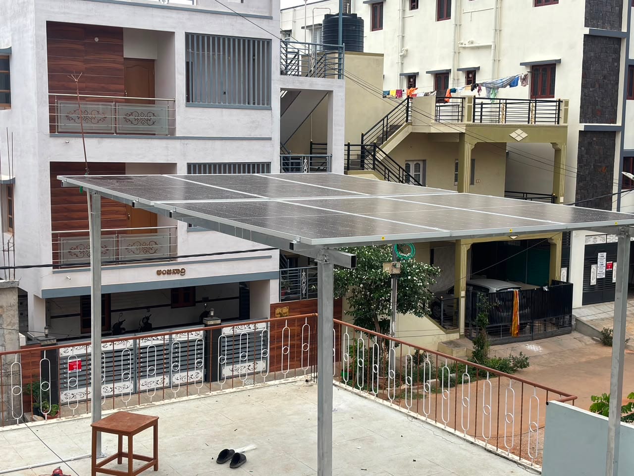 A completed elevated rooftop solar structure in Bengaluru